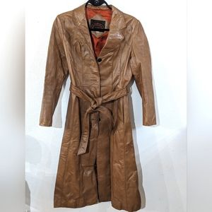 CASABLANCA 1970's Vintage Leather Trench Coat  W/Tie Front  Size 9/10